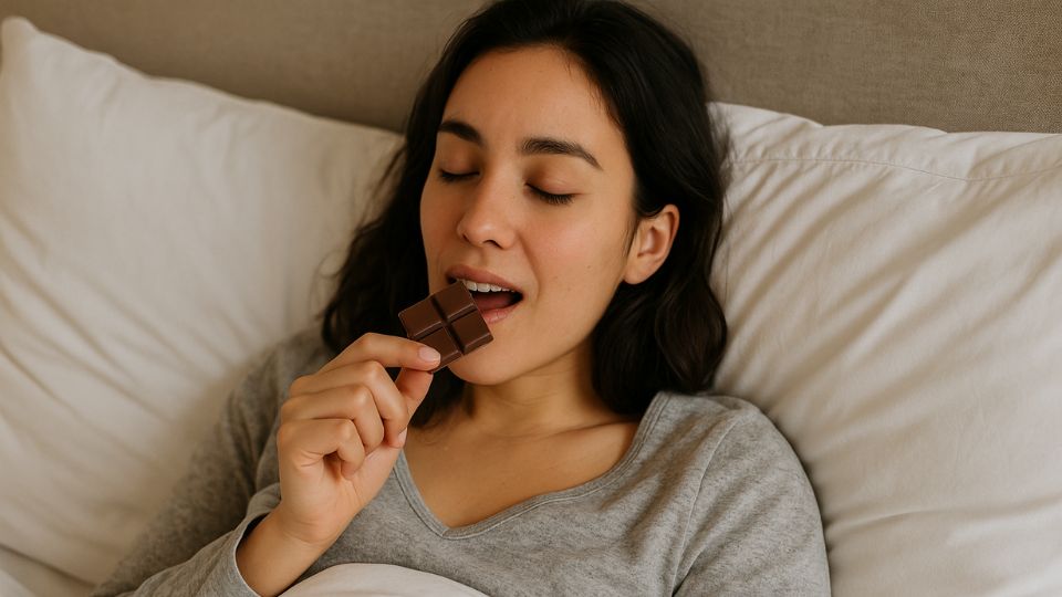 femme allongée mangeant un carreau de chocolat dans son lit