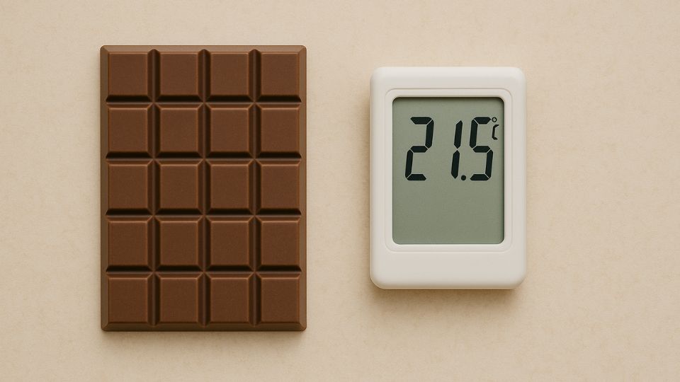 tablette de chocolat a côté d'un thermomètre